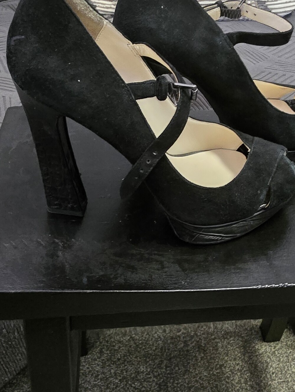 Michael Kors Black Suede Mary Jane Peep-Toe Block Heels 8M **